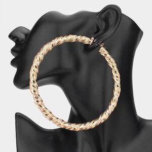 Twisted Gold Metal 4" Hoop Earrings Thick Textured Casual Everyday Jewelry